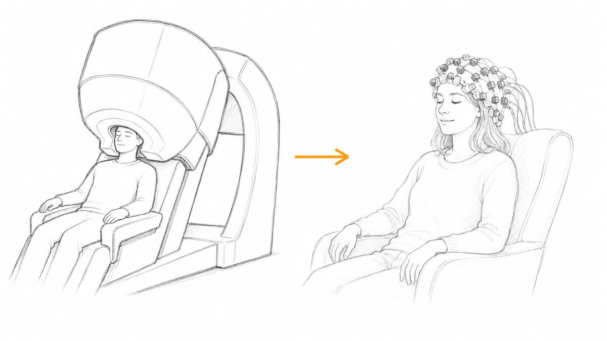 Person under a large fixed SQUID MEG system, arrow to a person wearing a lightweight OPM sensor cap