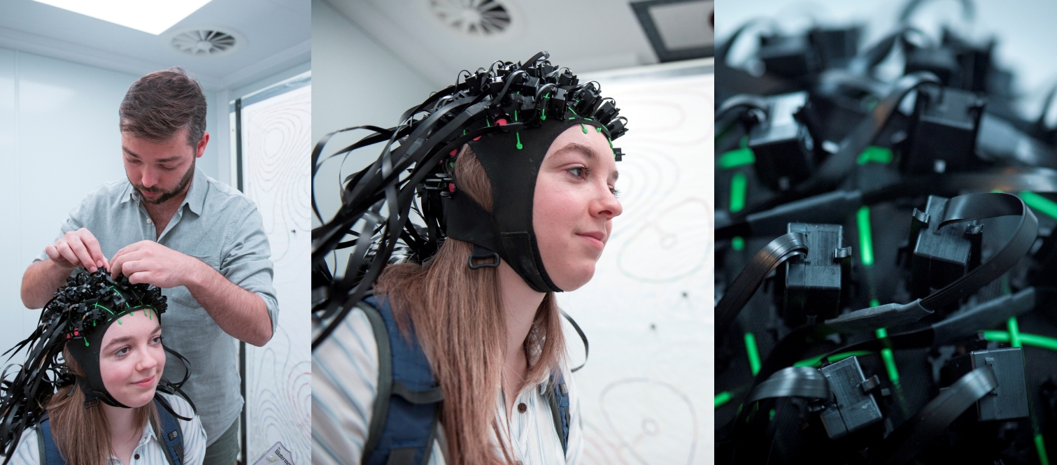 QuSpin zero-field magnetometer array mounted on a participant's scalp