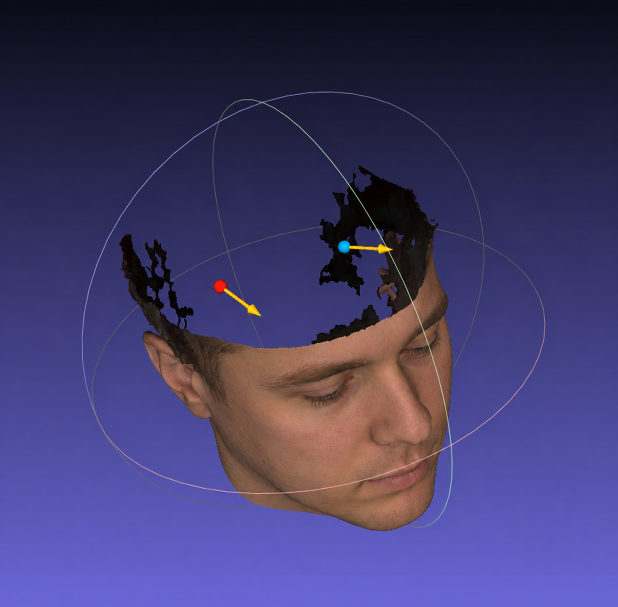 Selected LCMV beamformer peak source locations overlaid on the subject 3D scan