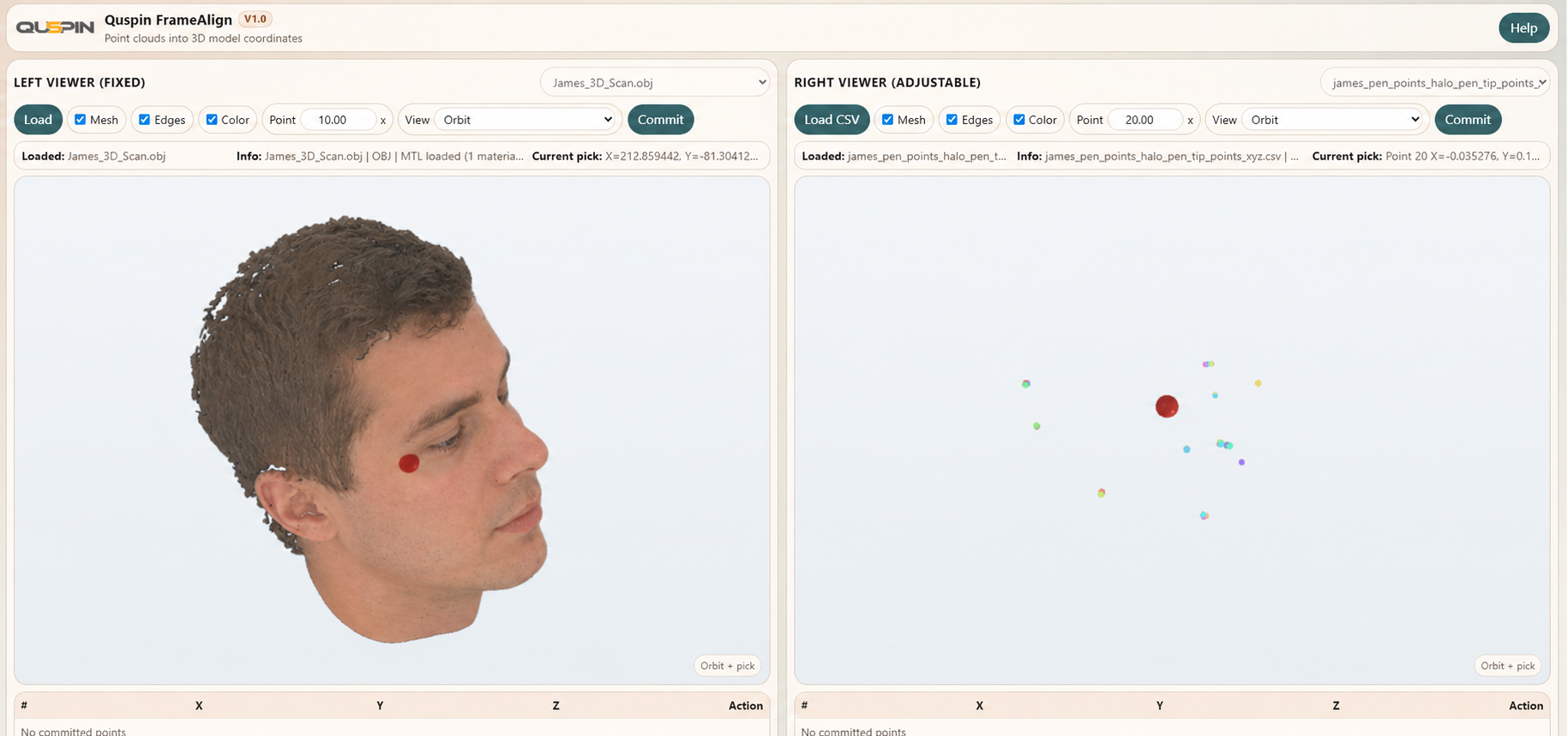 QuSpin FrameAlign interface showing a subject scan and HALO Pen point cloud