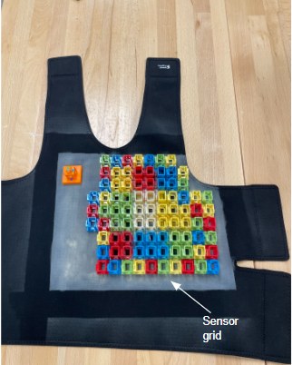 The MCG compression vest laid flat, showing the glued grid of colored sensor holders