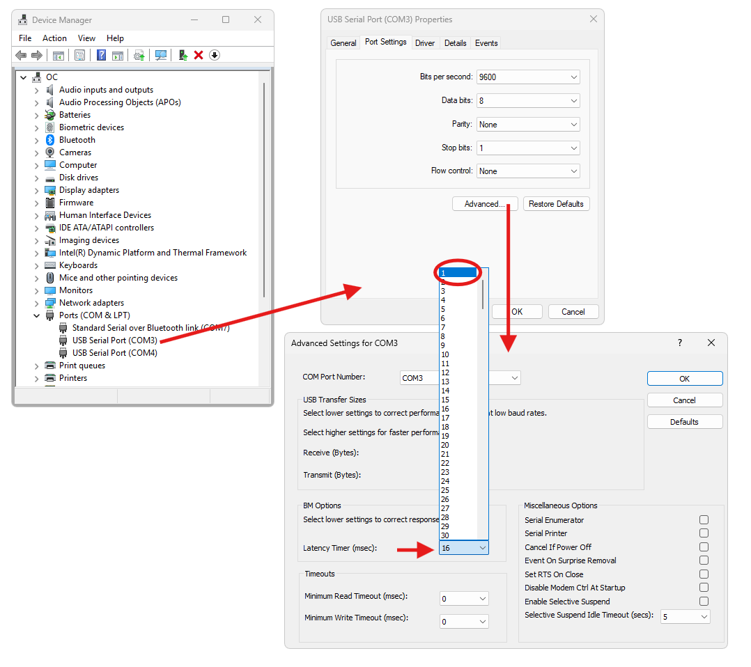 Device Manager with the sensor's USB Serial Port (COM3) highlighted under Ports (COM & LPT)