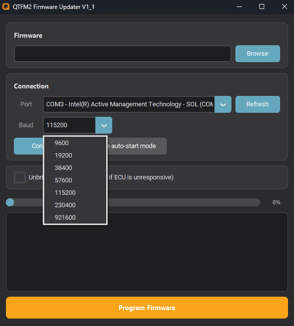 QTFM2 Firmware Updater V1.1 main window with the Baud dropdown open, showing 9600 through 921600