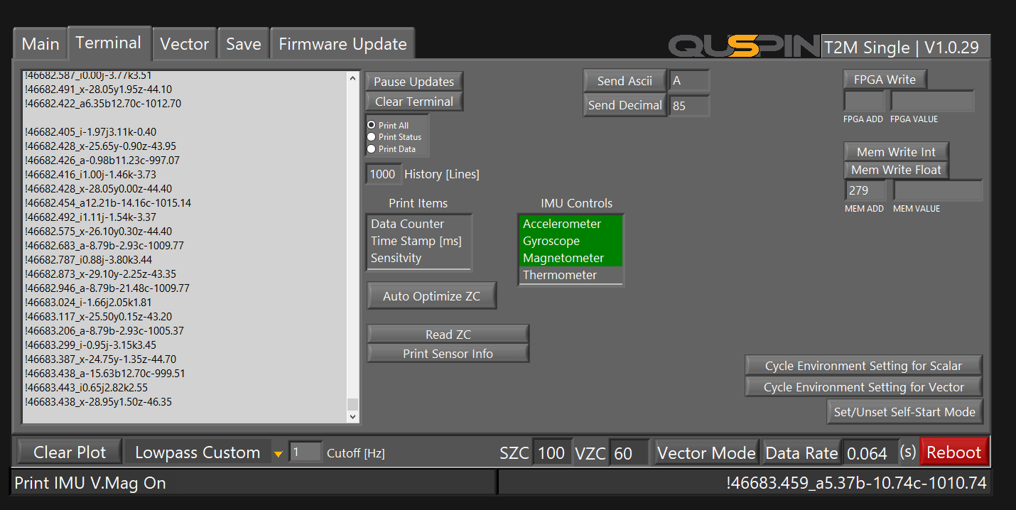 Terminal output with IMU accelerometer, gyroscope and vector magnetometer data