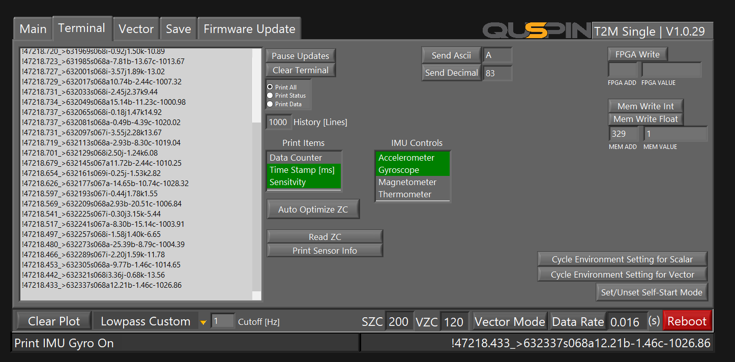 Terminal output with timestamp, sensitivity, IMU accelerometer and gyroscope data