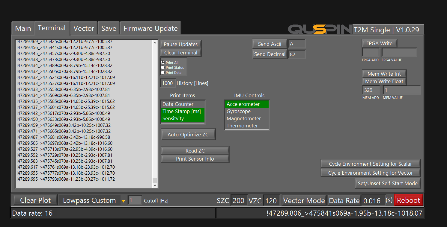 Terminal output with timestamp, sensitivity and IMU accelerometer data