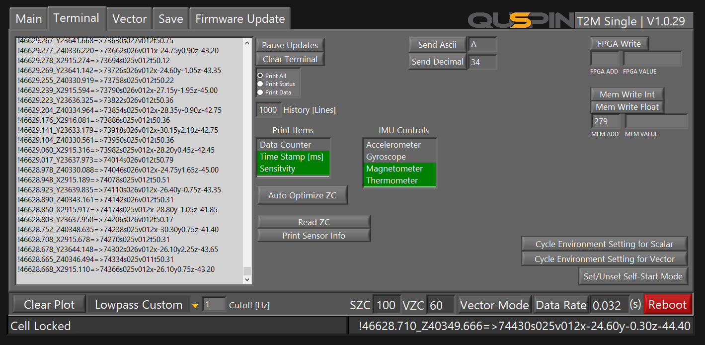 Terminal output in vector mode with timestamp, sensitivity, IMU vector magnetometer and temperature data