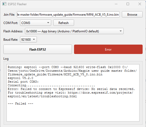 ESP32 Flasher window with the smaller .bin file selected and Flash Address dropdown set to 0x10000 App binary