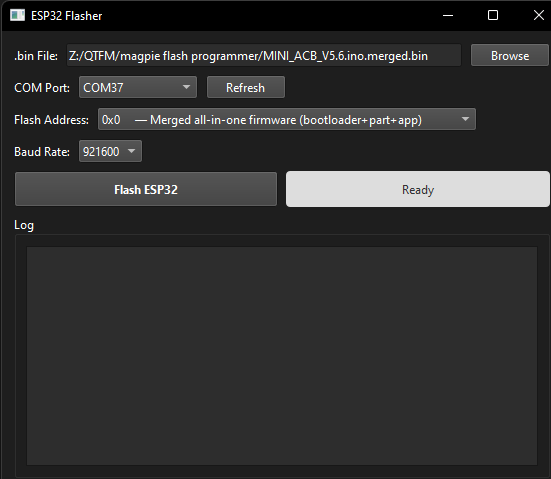 ESP32 Flasher window showing .bin file selected, COM port chosen, Flash Address set to 0x0 merged, Baud Rate 921600, Ready state