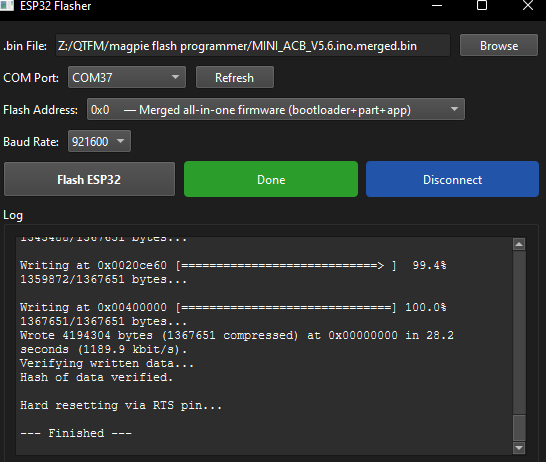 ESP32 Flasher window after successful flash showing green Done button, blue Disconnect button, and log ending with Hash of data verified and --- Finished ---