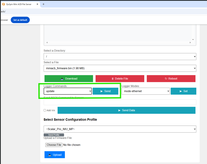 Magpie web UI Logger Commands dropdown set to update with Send button highlighted