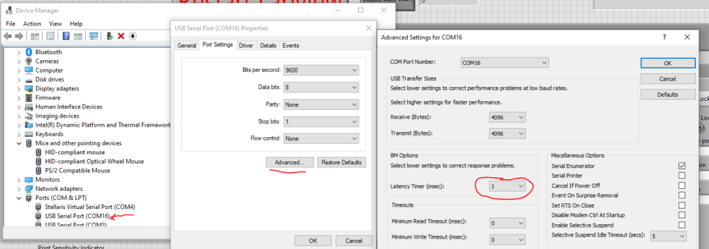 Windows COM port advanced settings with Latency Timer set to 1 msec