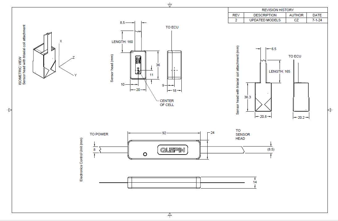 Dimensioned mechanical drawing of the QTFM Gen-2 sensor head and electronics control unit