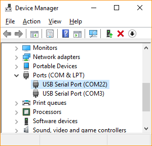 Windows Device Manager showing the USB Serial Com Port driver