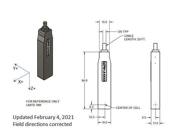 Dimensioned drawing of the Gen-1.5 QZFM sensor head