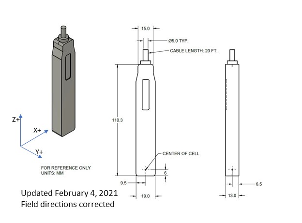 Dimensioned drawing of the Gen-1.0 QZFM sensor head