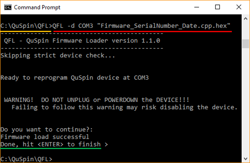 Command Prompt window running the QuSpin Firmware Loader