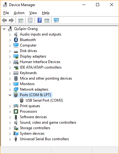 Windows Device Manager showing the QZFM on USB serial port COM3