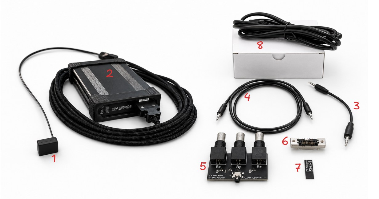 The QZFM package contents laid out and numbered 1 to 8: sensor, electronics module, cables, BNC board, shorting caps, and power supply
