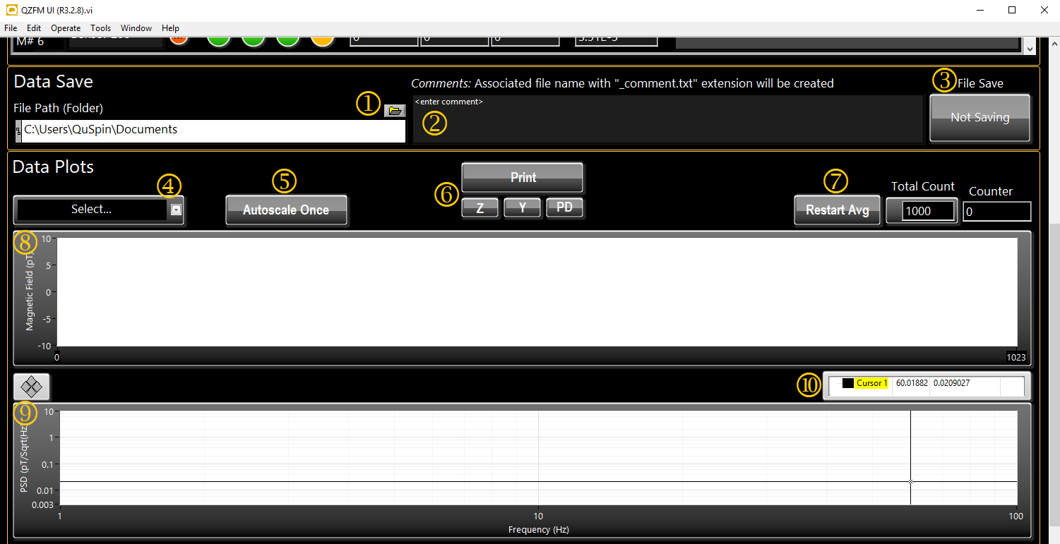 QZFM UI data save controls, time series chart, and frequency spectrum graph