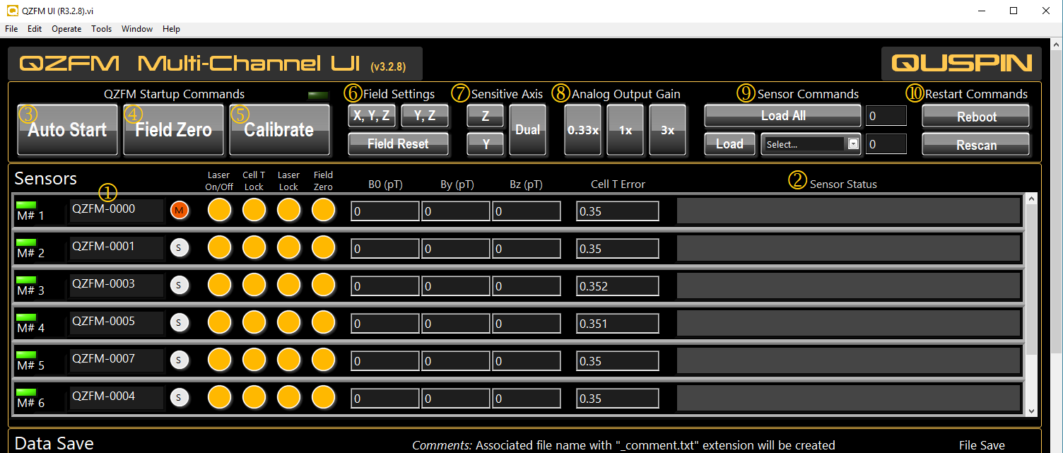 Top portion of the QZFM user interface showing the sensor list, LEDs, and control buttons