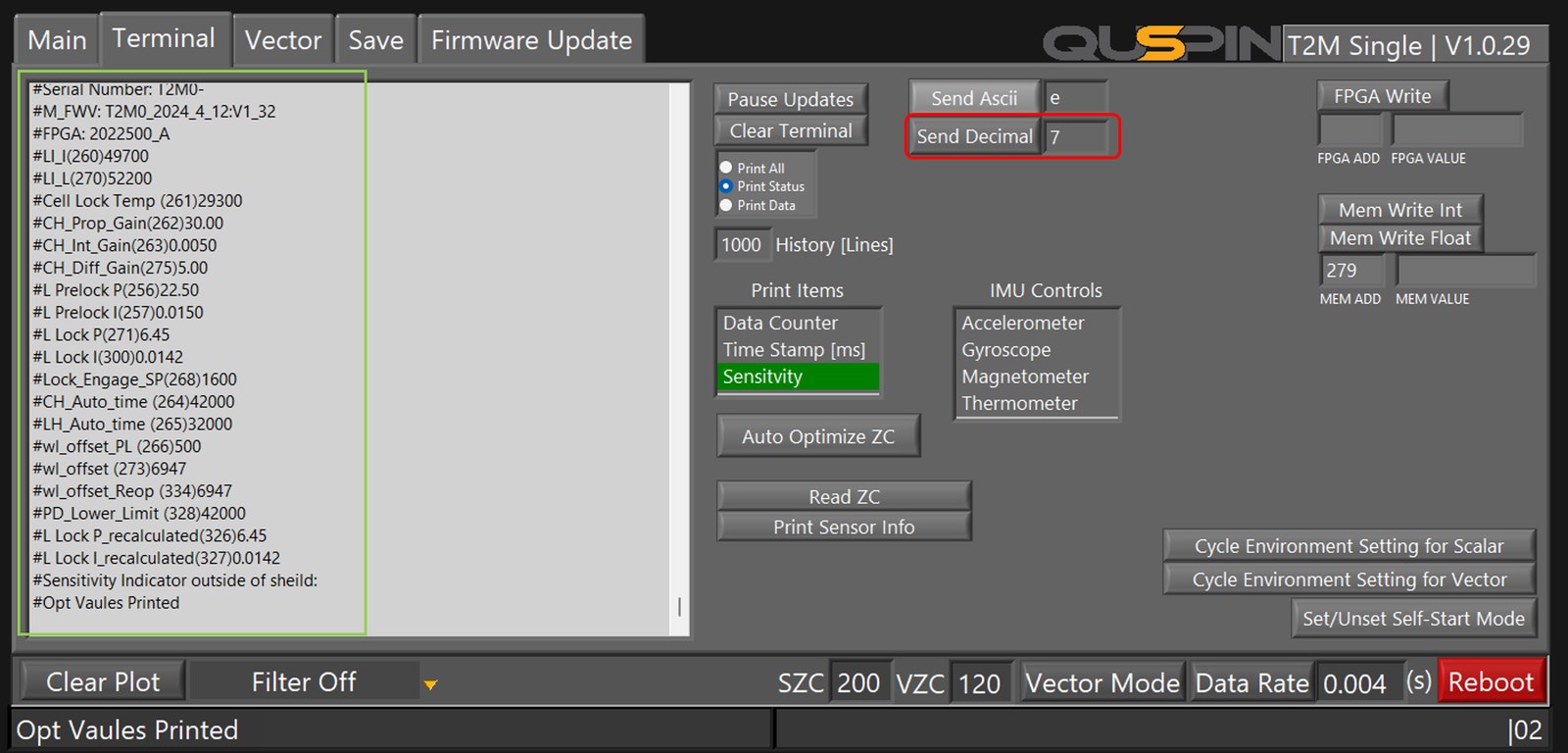 Terminal output listing all current QTFM Gen-2 optimization parameters