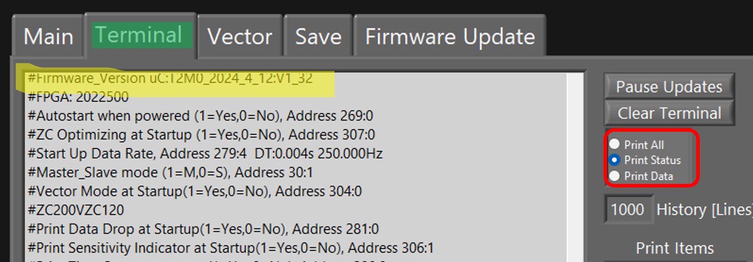 QTFM Gen-2 user interface Terminal tab with the Print Status option highlighted