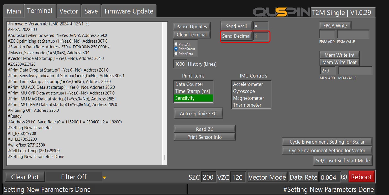 Terminal output after sending decimal command 3 to start the first reoptimization phase