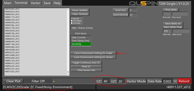 QTFM user interface showing the fixed noisy environment setting with SZC and VZC boxes