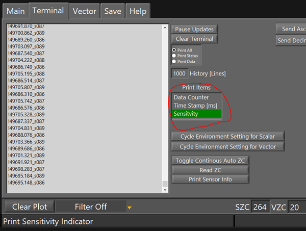QTFM user interface print items panel with data count and timestamp disabled