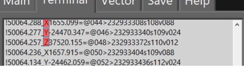 Three consecutive data lines printing the X, Y and Z vector components in turn