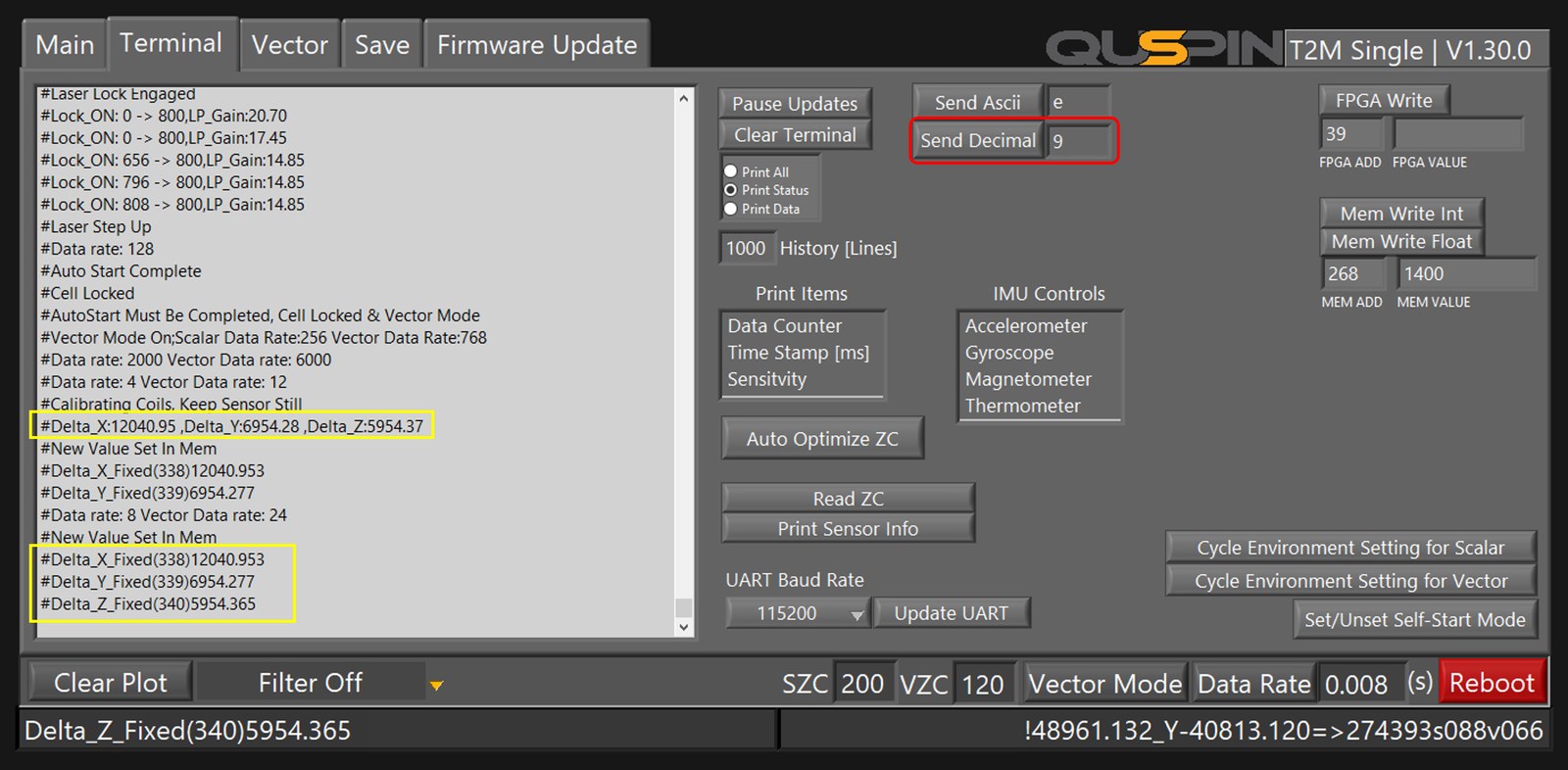QTFM Gen-2 user interface Terminal tab during vector coil calibration