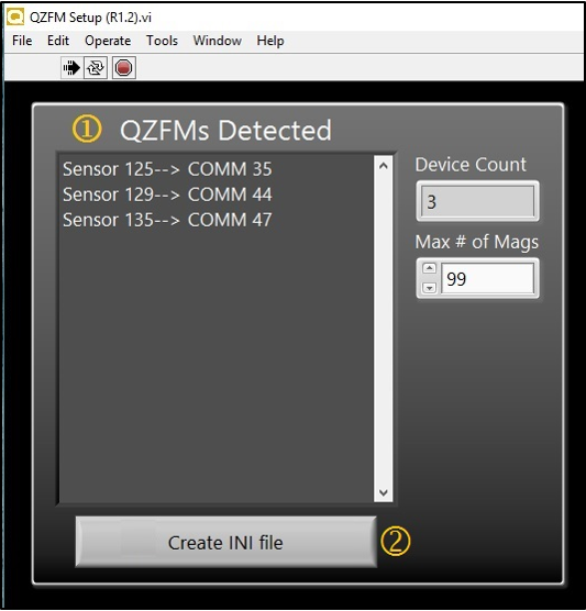 The QZFM setup application window listing detected sensors with the Create INI file button