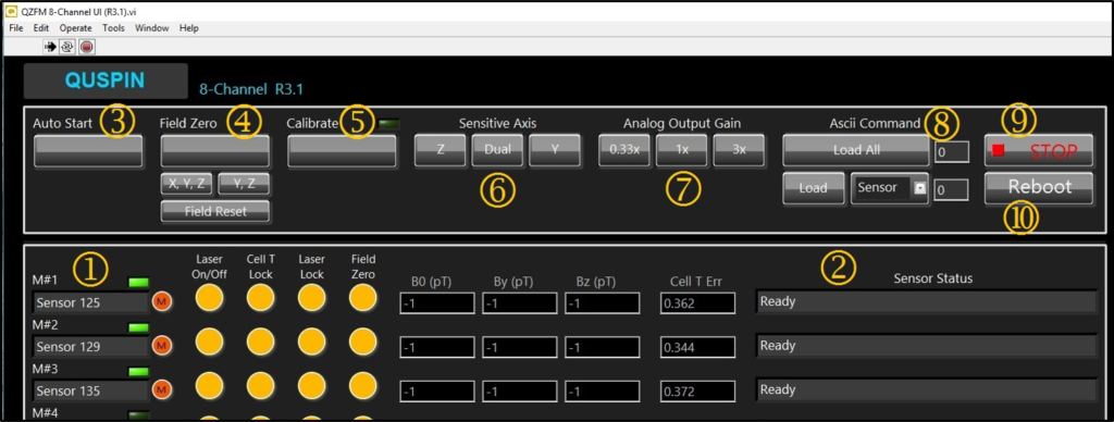 Top portion of the QZFM user interface showing the sensor list, status fields, LEDs, and start-up buttons