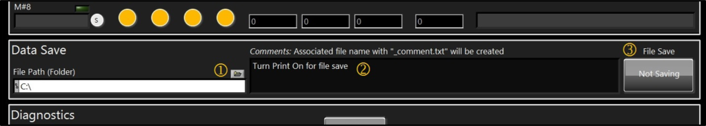 The data saving section of the QZFM user interface with file path, comments field, and File Save button