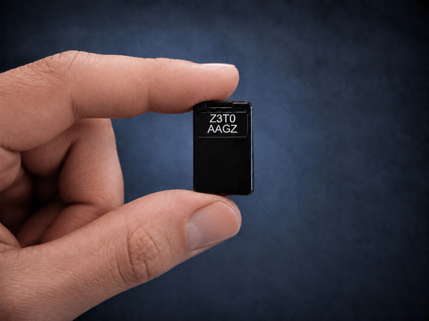 QZFM Gen-3 sensor head held between two fingertips, showing its size