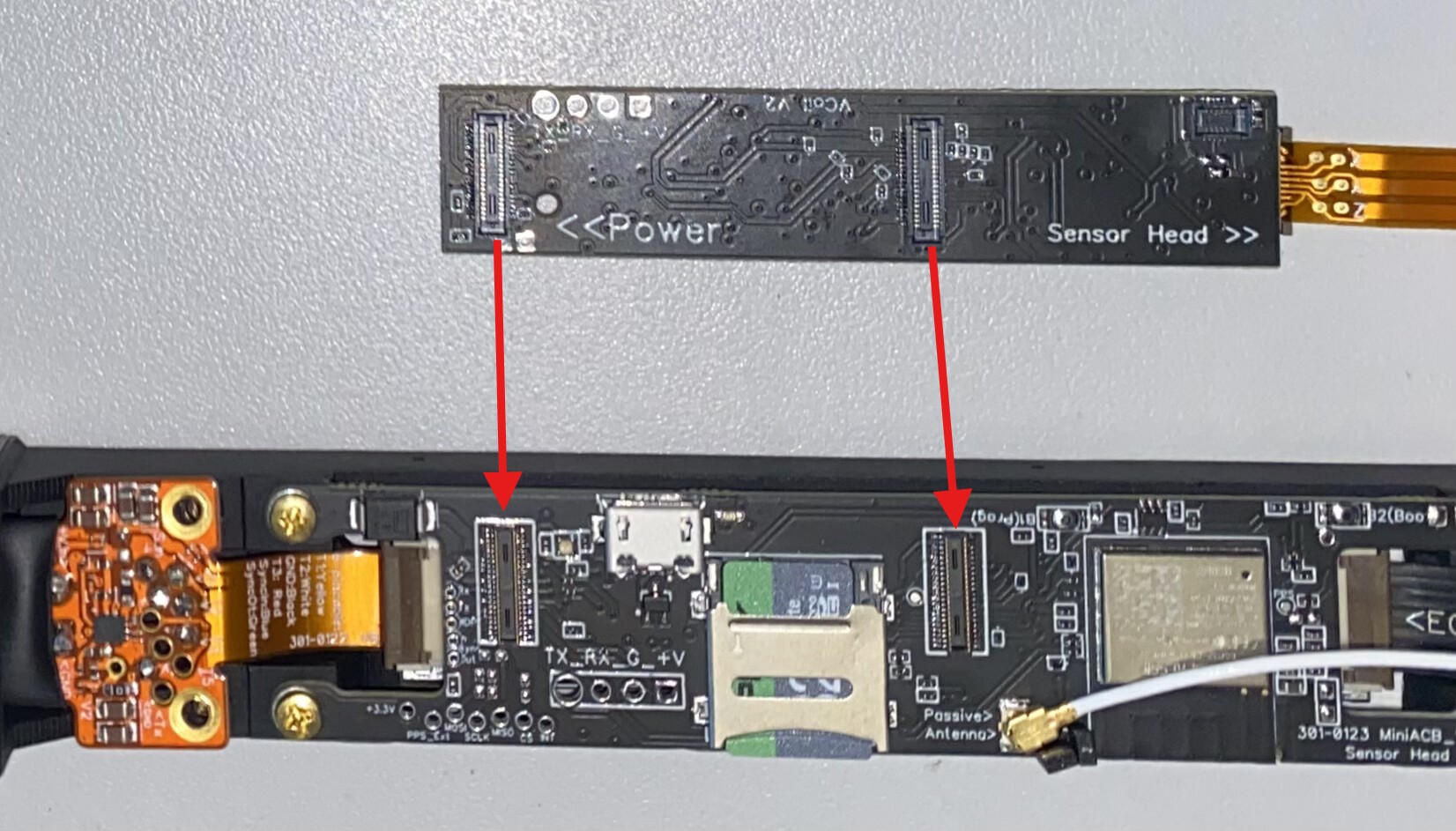 Vector top board snapped onto the MiniACB with the vector coil flex cable attached to the board's flex connector